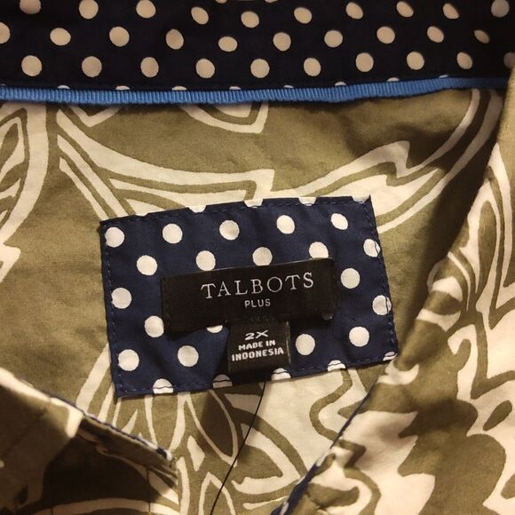 Talbot green/cream leaf button up shirt, trimmed polka dots, nwt - Picture 3 of 7